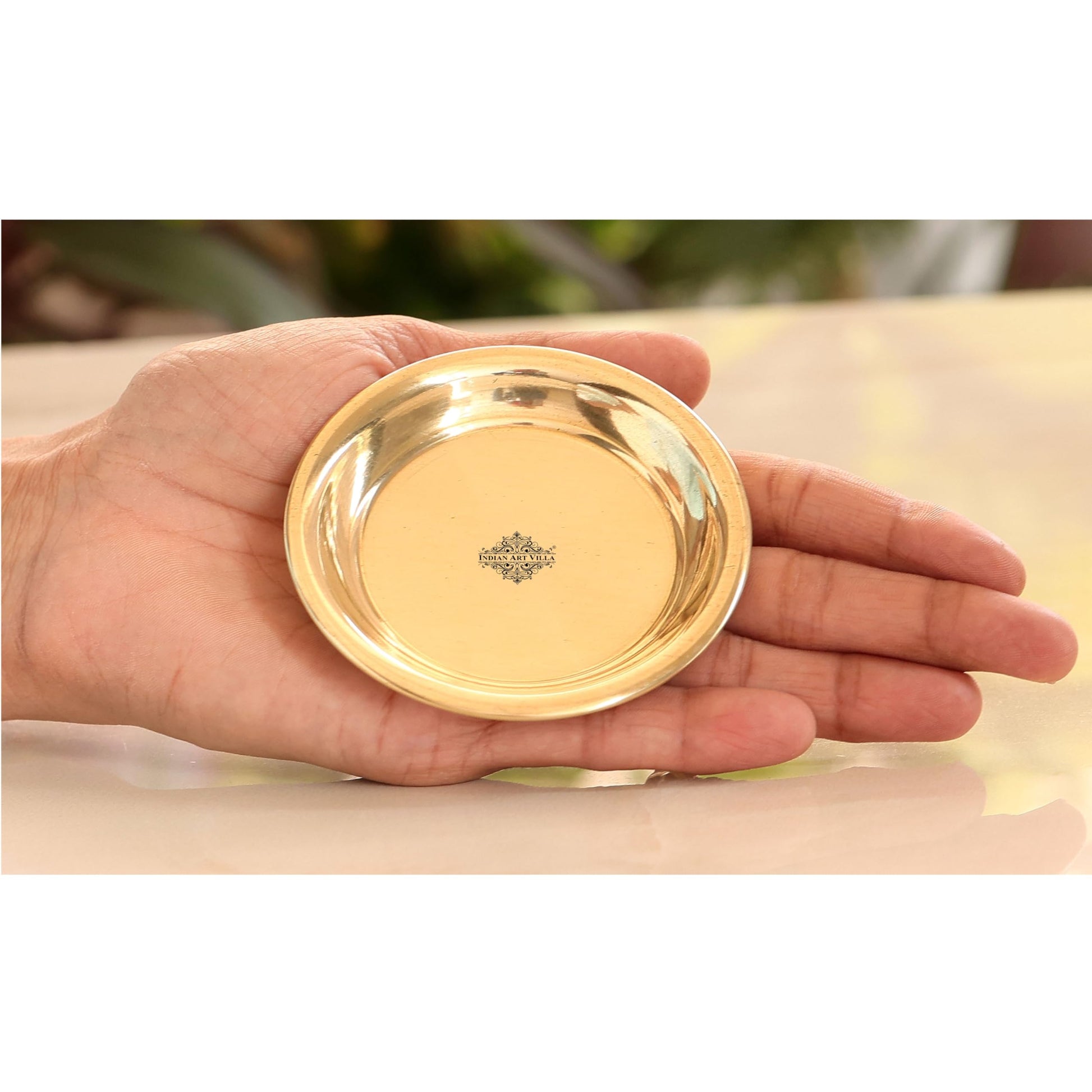 INDIAN ART VILLA Brass Pooja Thali, Golden, Home Temple Decor - back view