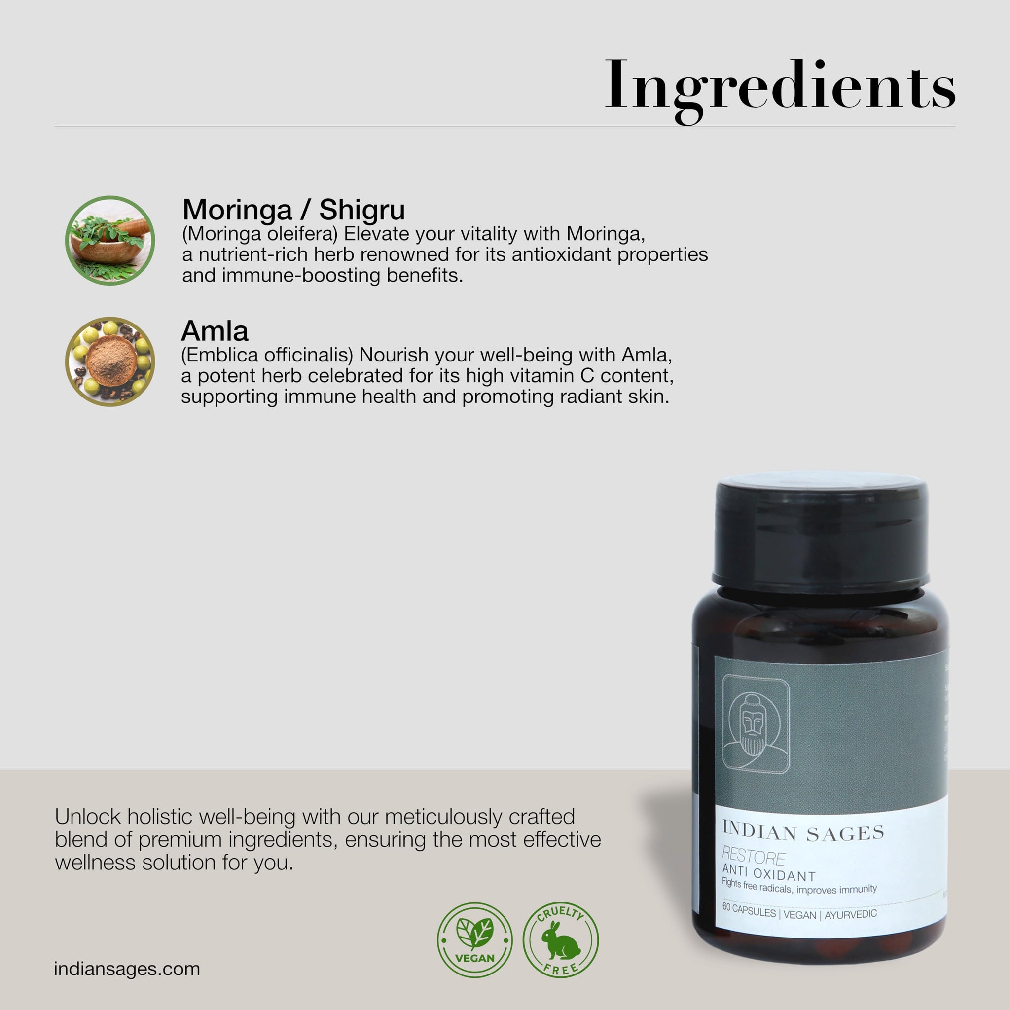 Indian Sages RESTORE Moringa Amla Capsule, 60 Count, Organic Vegan Nutritional Supplement - back view