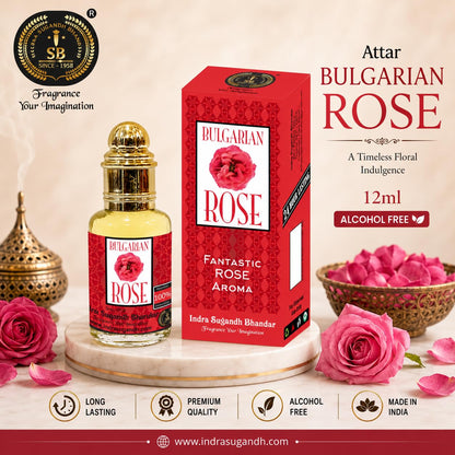 Indra Sugandh Bhandar Bulgarian Rose Attar Roll-On, 12ml, Alcohol-Free Unisex Perfume Oil - front view