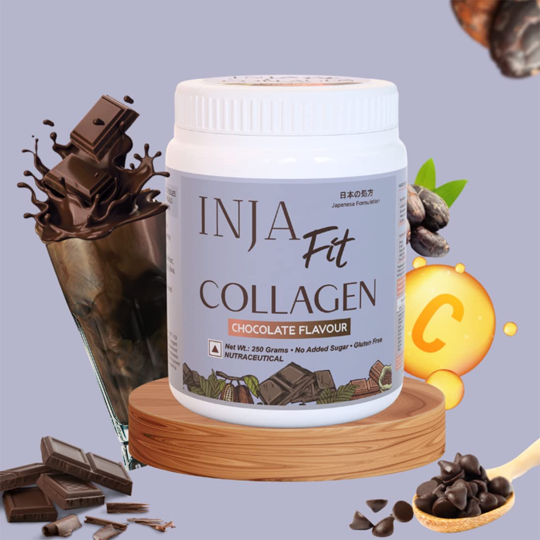 INJA Wellness Hydrolyzed Marine Collagen Powder, 250g, Type 1, with Vitamin C, Sugar-Free, Gluten-Free, Scoop Included - fron