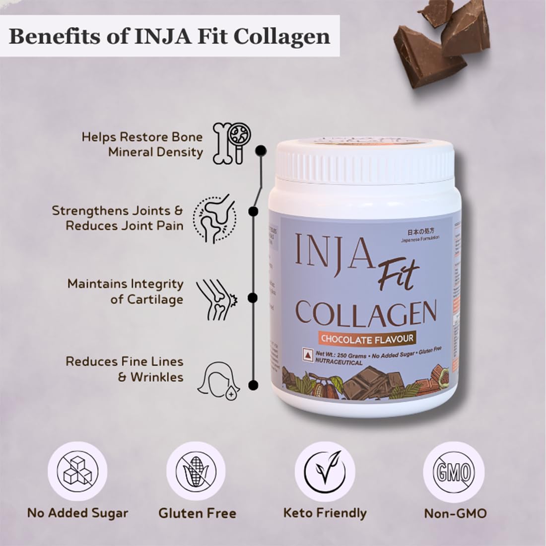 INJA Wellness Hydrolyzed Marine Collagen Powder, 250g, Type 1, with Vitamin C, Sugar-Free, Gluten-Free, Scoop Included - pack