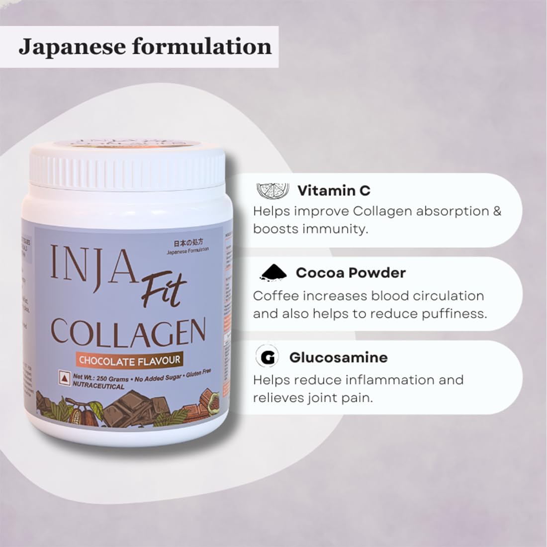 INJA Wellness Hydrolyzed Marine Collagen Powder, 250g, Type 1, with Vitamin C, Sugar-Free, Gluten-Free, Scoop Included - labe