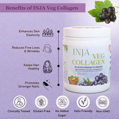 INJA Wellness Veg Collagen Supplement Powder, Blackcurrant Flavour, 150g Jar with Scoop, Vegetarian, No Added Sugar - packagi