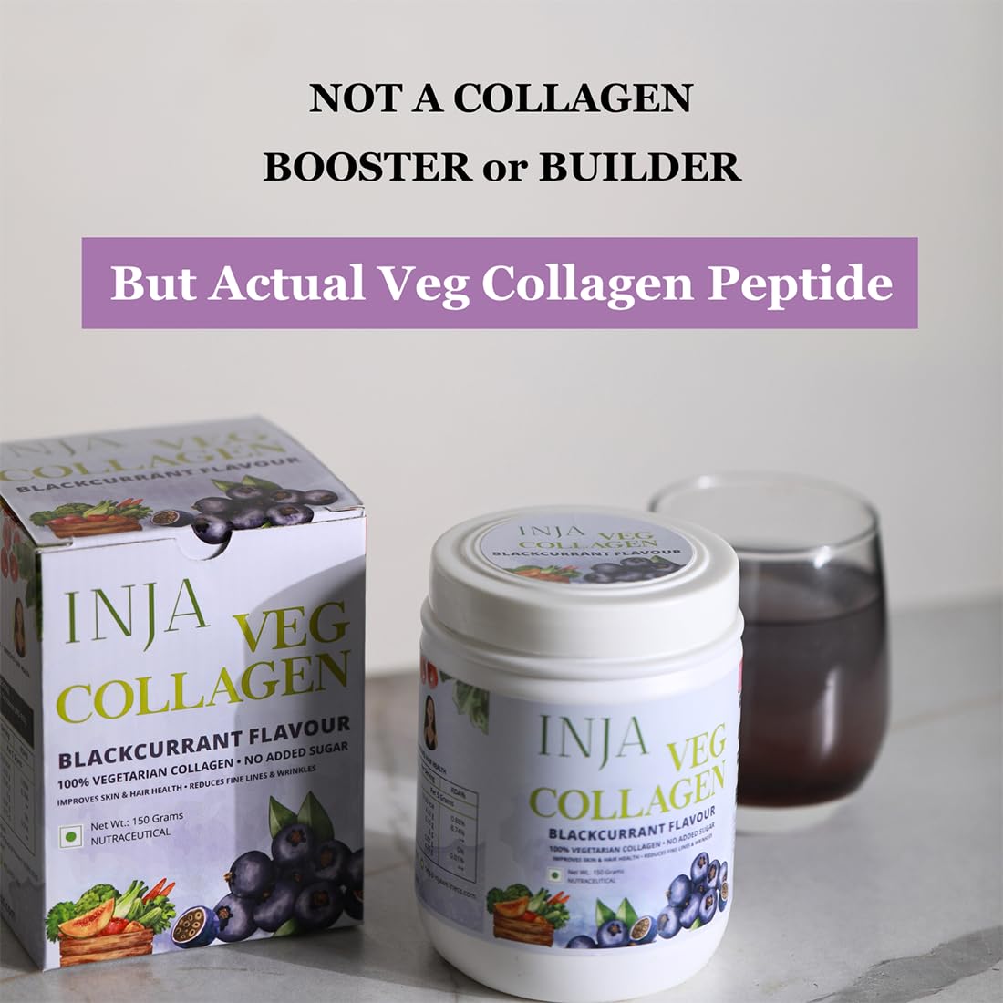 INJA Wellness Veg Collagen Supplement Powder, Blackcurrant Flavour, 150g Jar with Scoop, Vegetarian, No Added Sugar - close-u