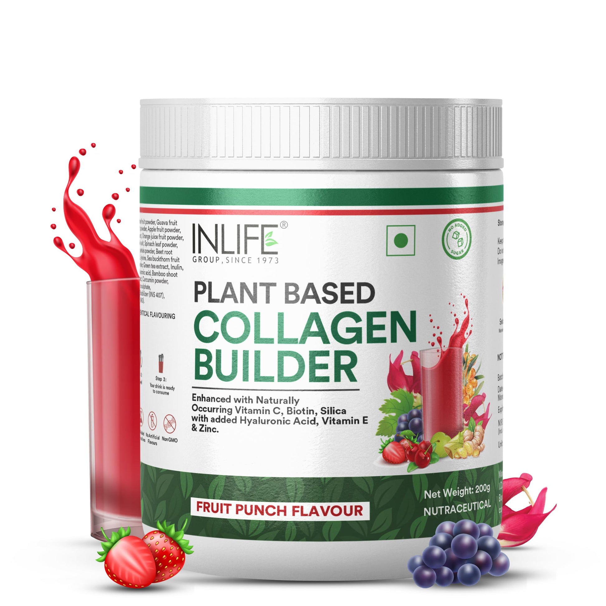 Inlife Plant Based Collagen Builder Powder, Fruit Punch, 200g, Adult Unisex Supplement, Clean Label, Gluten Free, Soy Free