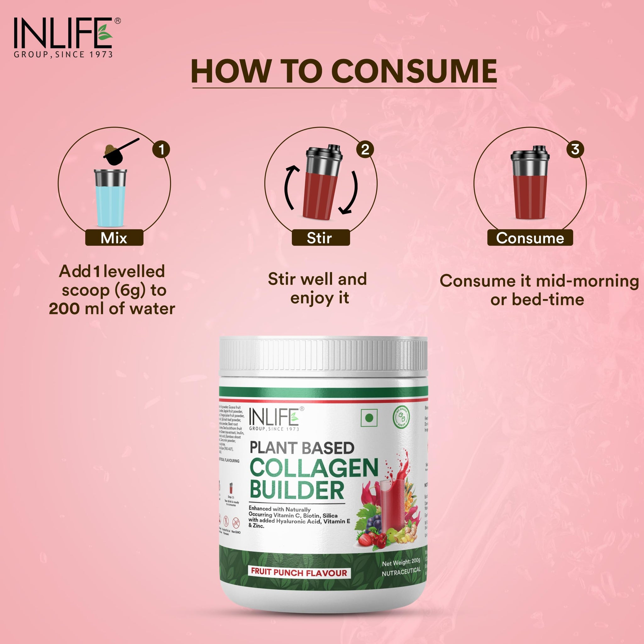 Inlife Plant Based Collagen Builder Powder, Fruit Punch, 200g, Adult Unisex Supplement, Clean Label, Gluten Free, Soy Free -