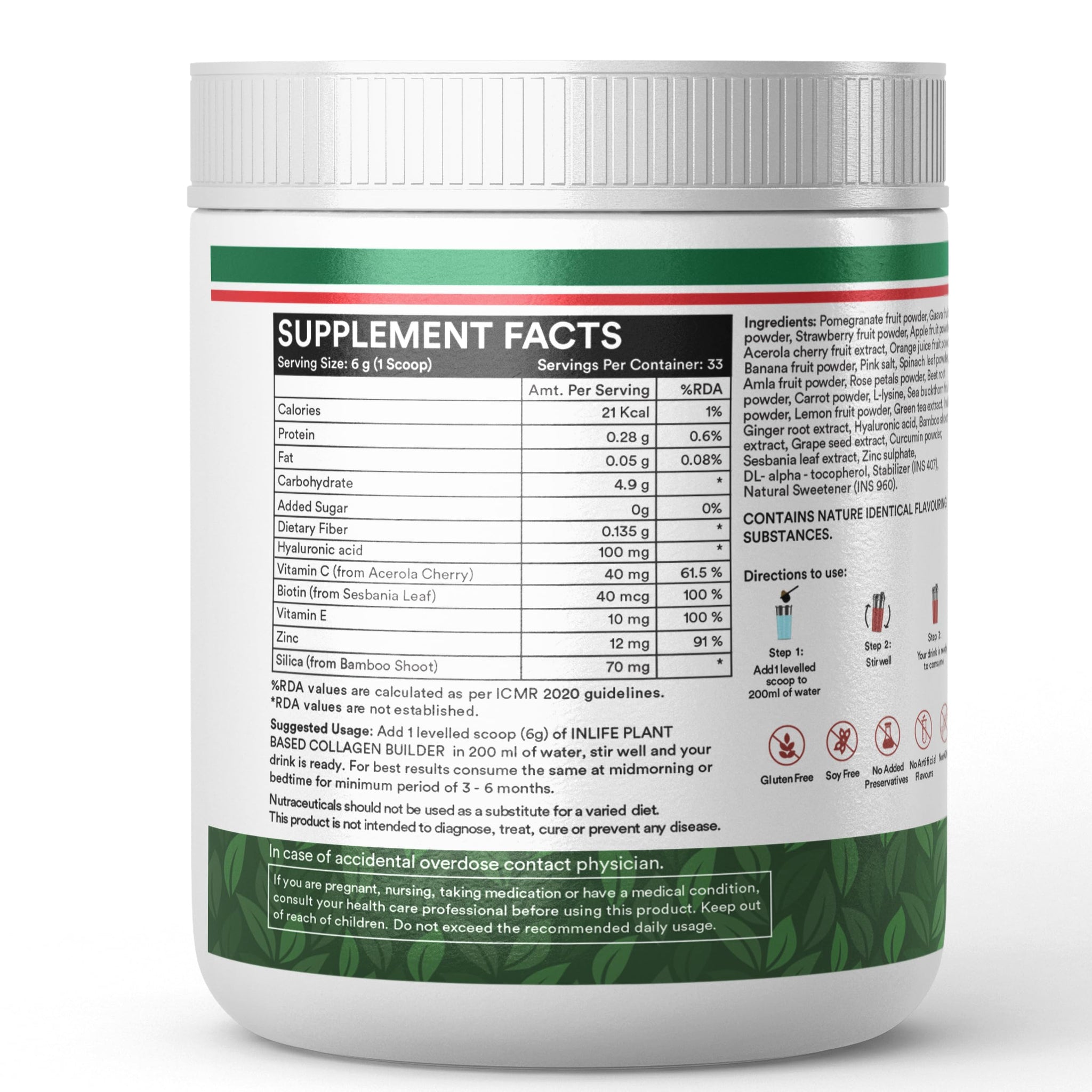 Inlife Plant Based Collagen Builder Powder, Fruit Punch, 200g, Adult Unisex Supplement, Clean Label, Gluten Free, Soy Free - 
