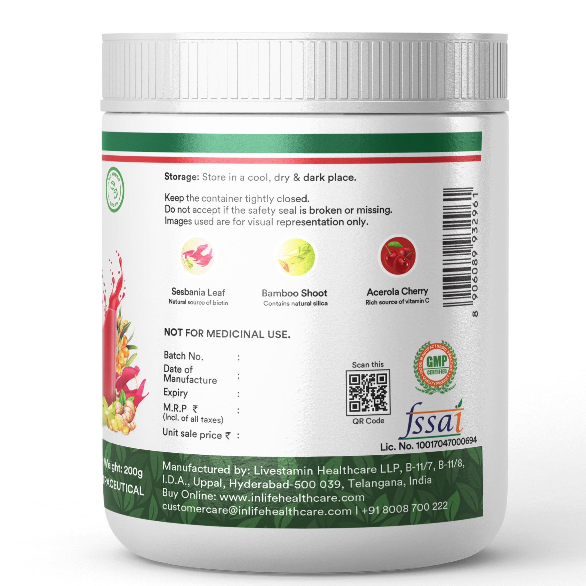 Inlife Plant Based Collagen Builder Powder, Fruit Punch, 200g, Adult Unisex Supplement, Clean Label, Gluten Free, Soy Free - 