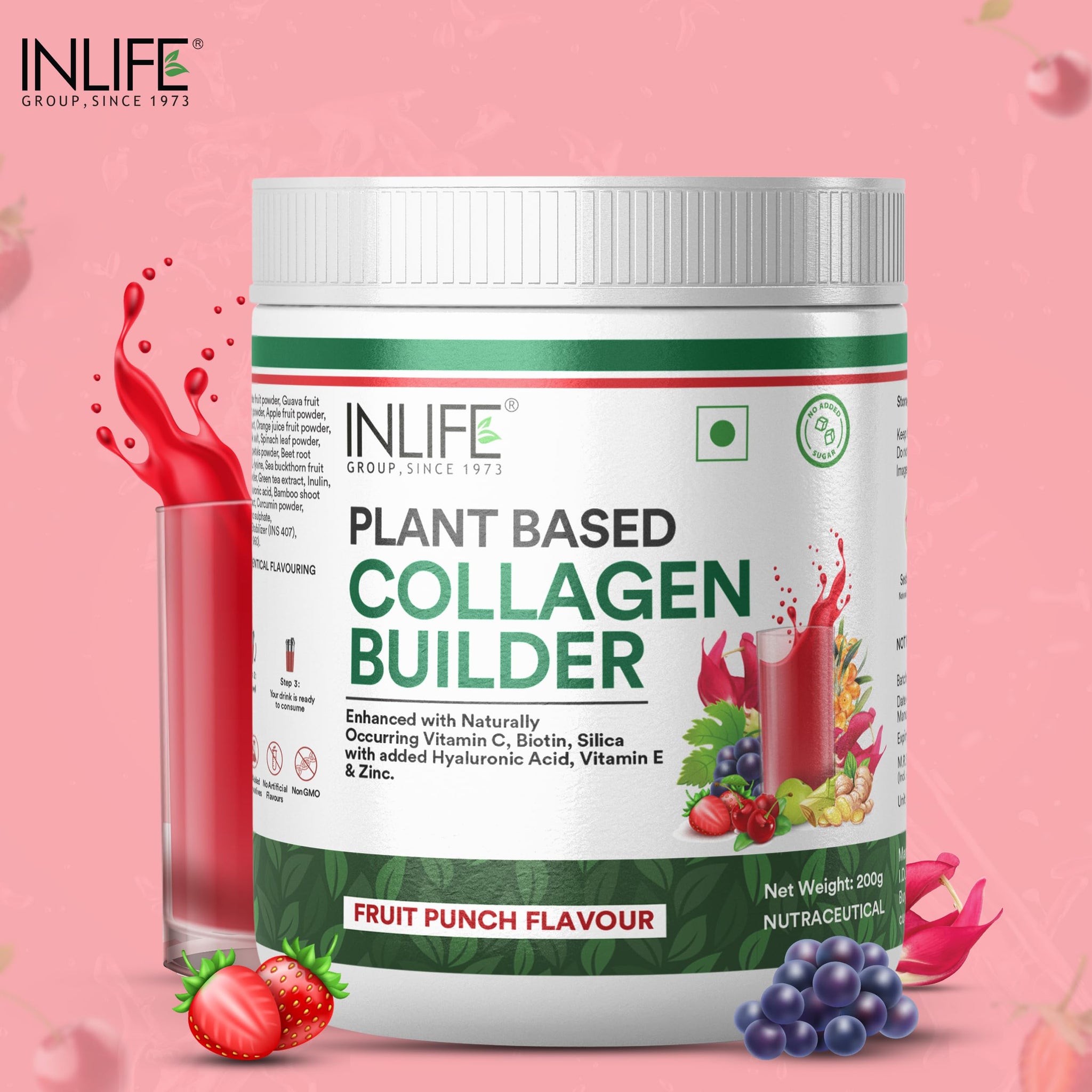 Inlife Plant Based Collagen Builder Powder, Fruit Punch, 200g, Adult Unisex Supplement, Clean Label, Gluten Free, Soy Free - 
