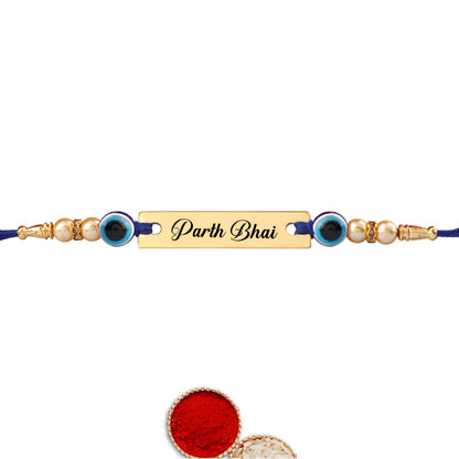 Innovative Gifts Personalized Blue Evil Eye Rakhi with Name & Roli Chawal | Customized Rakhi for Brother | Engraved Name for