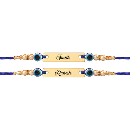 Innovative Gifts Personalized Blue Evil Eye Rakhi with Name & Roli Chawal | Customized Rakhi for Brother | Engraved Name for 