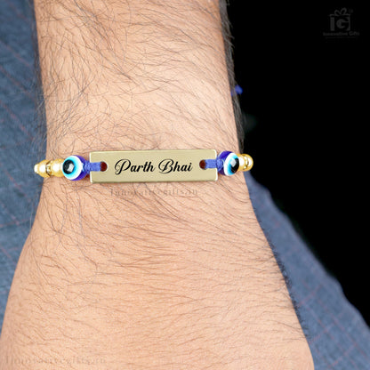 Innovative Gifts Personalized Blue Evil Eye Rakhi with Name & Roli Chawal | Customized Rakhi for Brother | Engraved Name for 