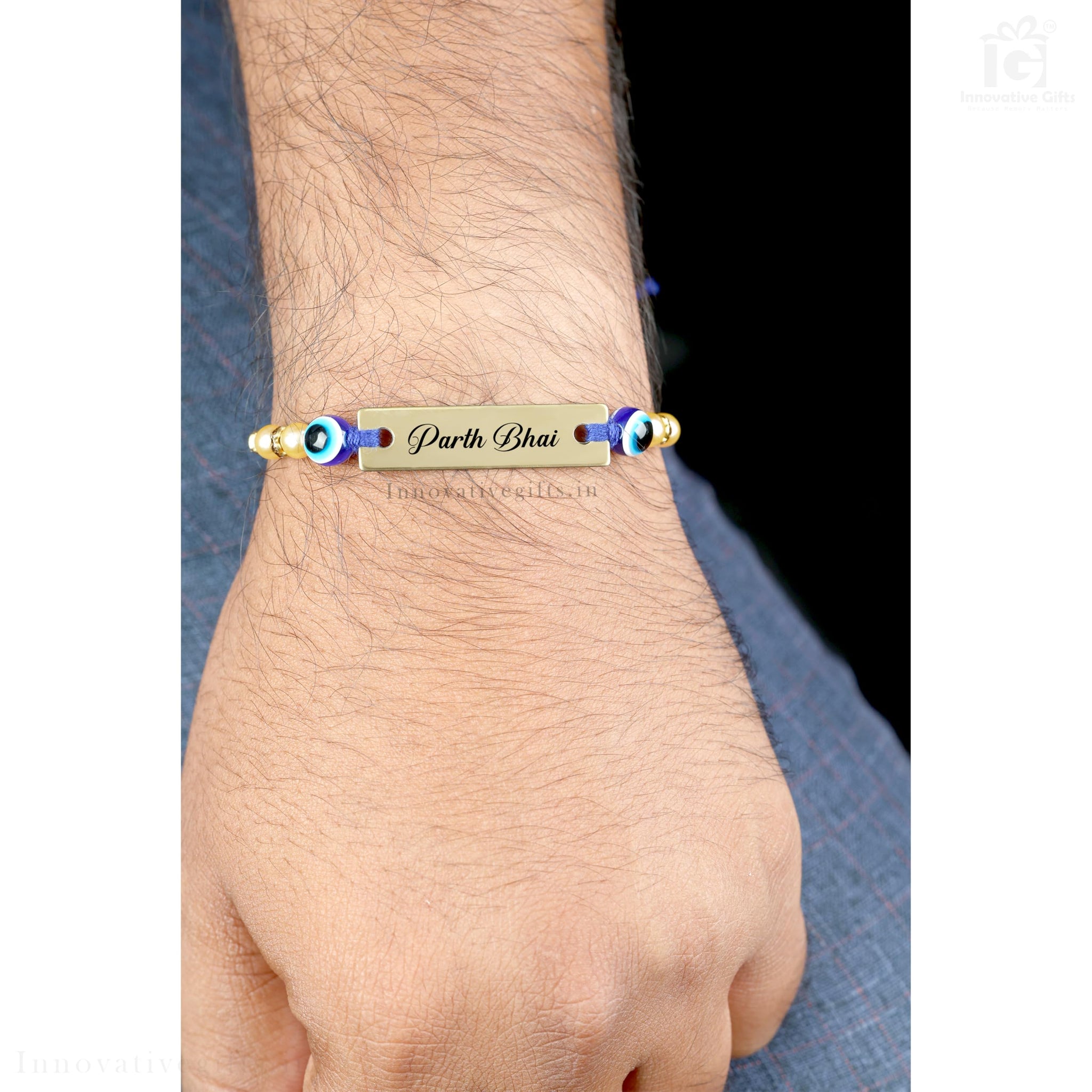 Innovative Gifts Personalized Blue Evil Eye Rakhi with Name & Roli Chawal | Customized Rakhi for Brother | Engraved Name for 