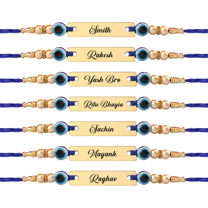 Innovative Gifts Personalized Blue Evil Eye Rakhi with Name & Roli Chawal | Customized Rakhi for Brother | Engraved Name for 