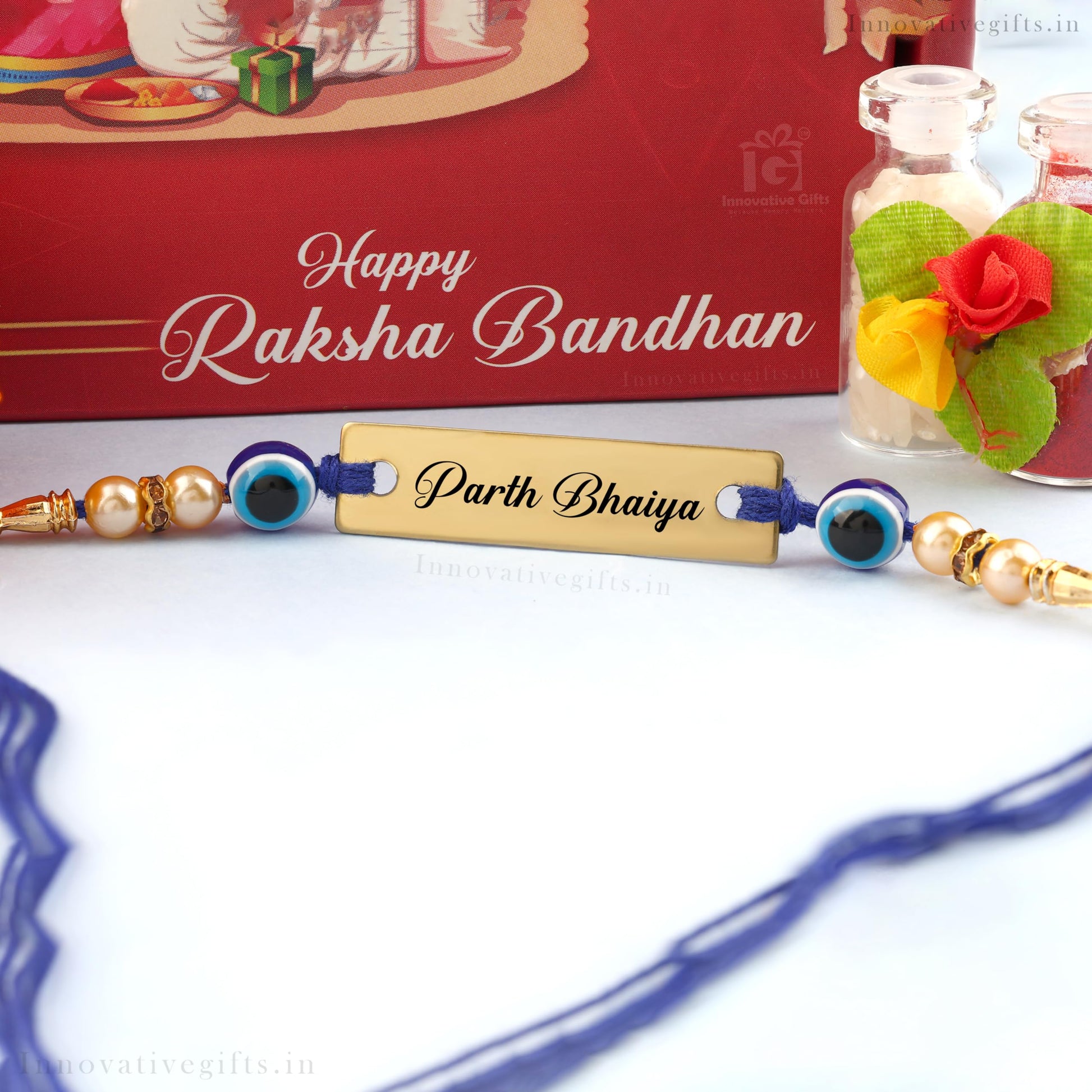 Innovative Gifts Personalized Blue Evil Eye Rakhi with Name & Roli Chawal | Customized Rakhi for Brother | Engraved Name for 