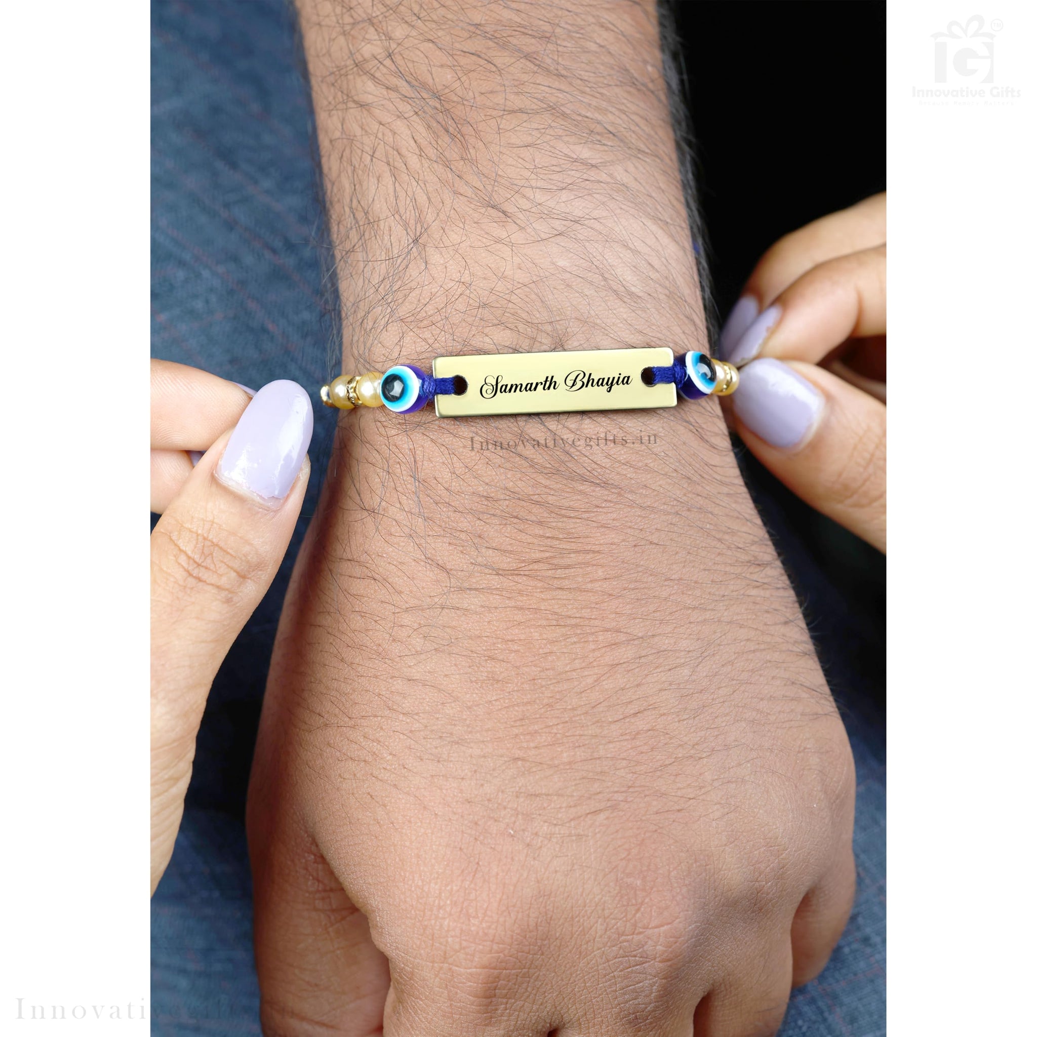 Innovative Gifts Personalized Blue Evil Eye Rakhi with Name & Roli Chawal | Customized Rakhi for Brother | Engraved Name for 