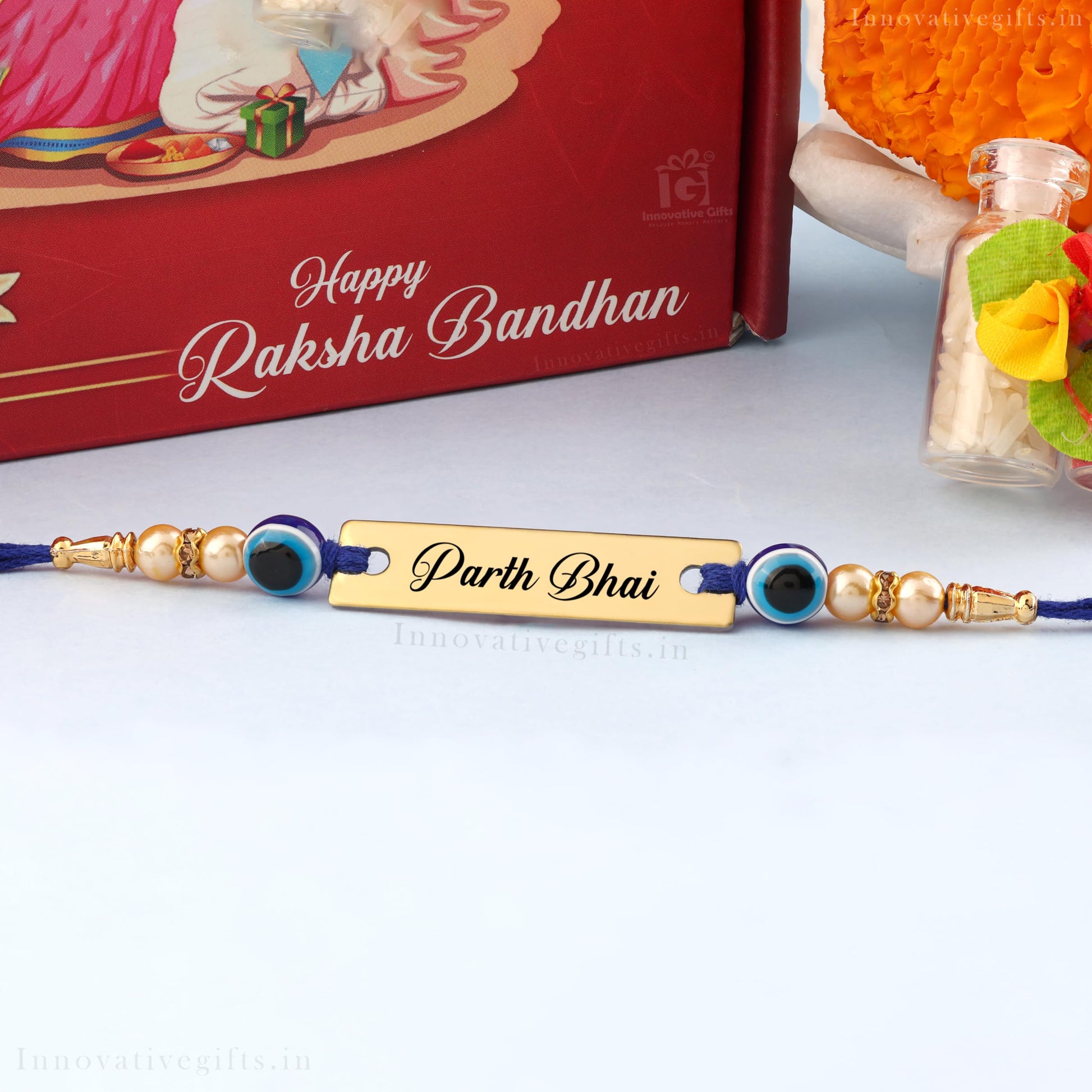 Innovative Gifts Personalized Blue Evil Eye Rakhi with Name & Roli Chawal | Customized Rakhi for Brother | Engraved Name for 
