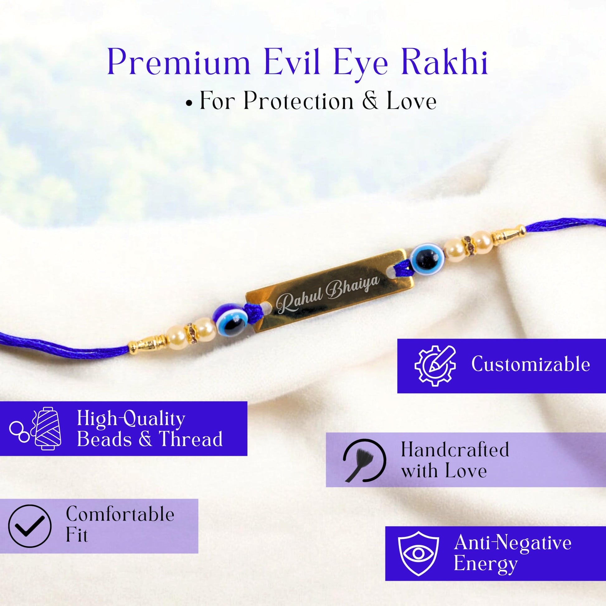 Innovative Gifts Personalized Blue Evil Eye Rakhi with Name & Roli Chawal | Customized Rakhi for Brother | Engraved Name for 