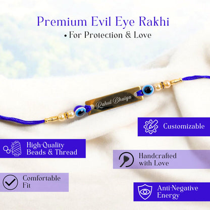 Innovative Gifts Personalized Blue Evil Eye Rakhi with Name & Roli Chawal | Customized Rakhi for Brother | Engraved Name for 