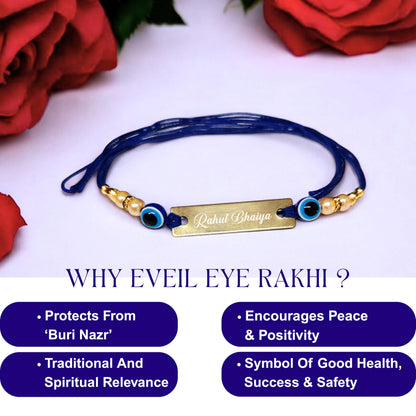 Innovative Gifts Personalized Blue Evil Eye Rakhi with Name & Roli Chawal | Customized Rakhi for Brother | Engraved Name for 