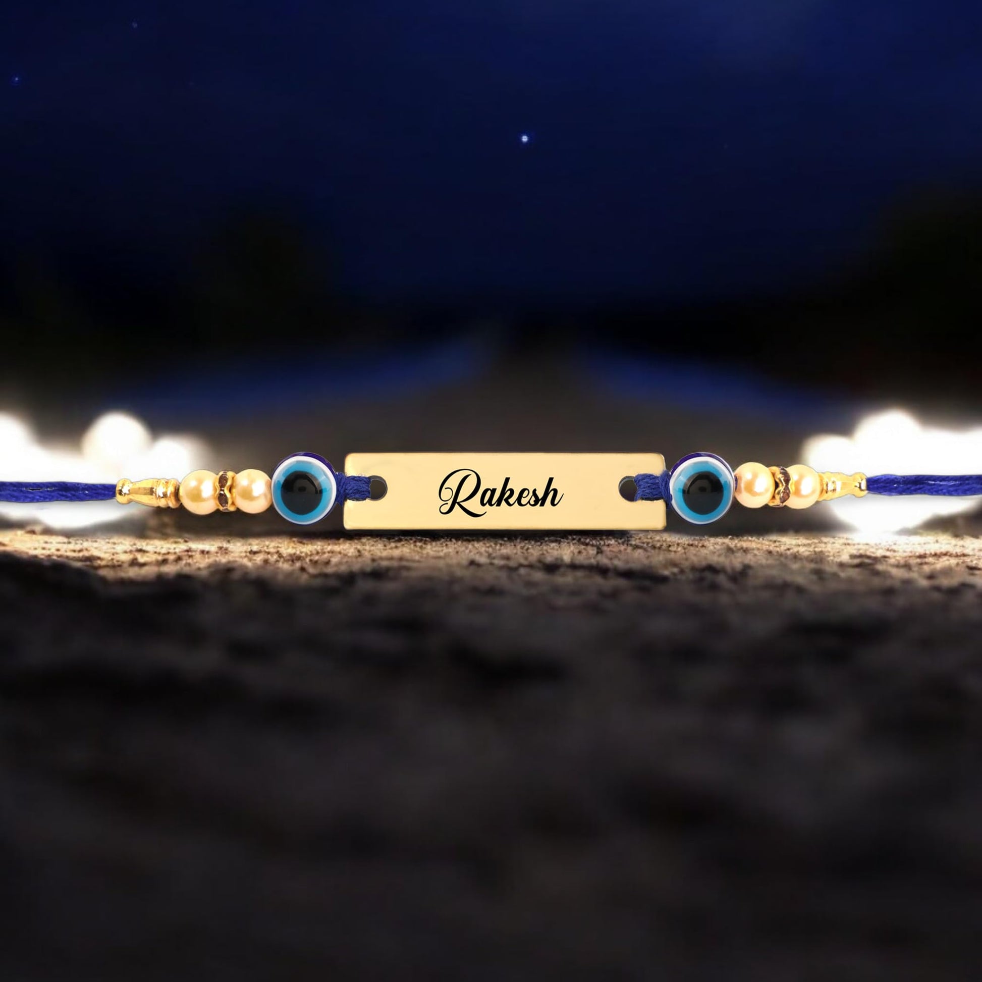 Innovative Gifts Personalized Blue Evil Eye Rakhi with Name & Roli Chawal | Customized Rakhi for Brother | Engraved Name for 