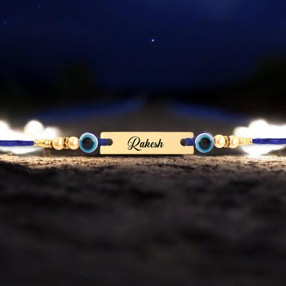 Innovative Gifts Personalized Blue Evil Eye Rakhi with Name & Roli Chawal | Customized Rakhi for Brother | Engraved Name for 