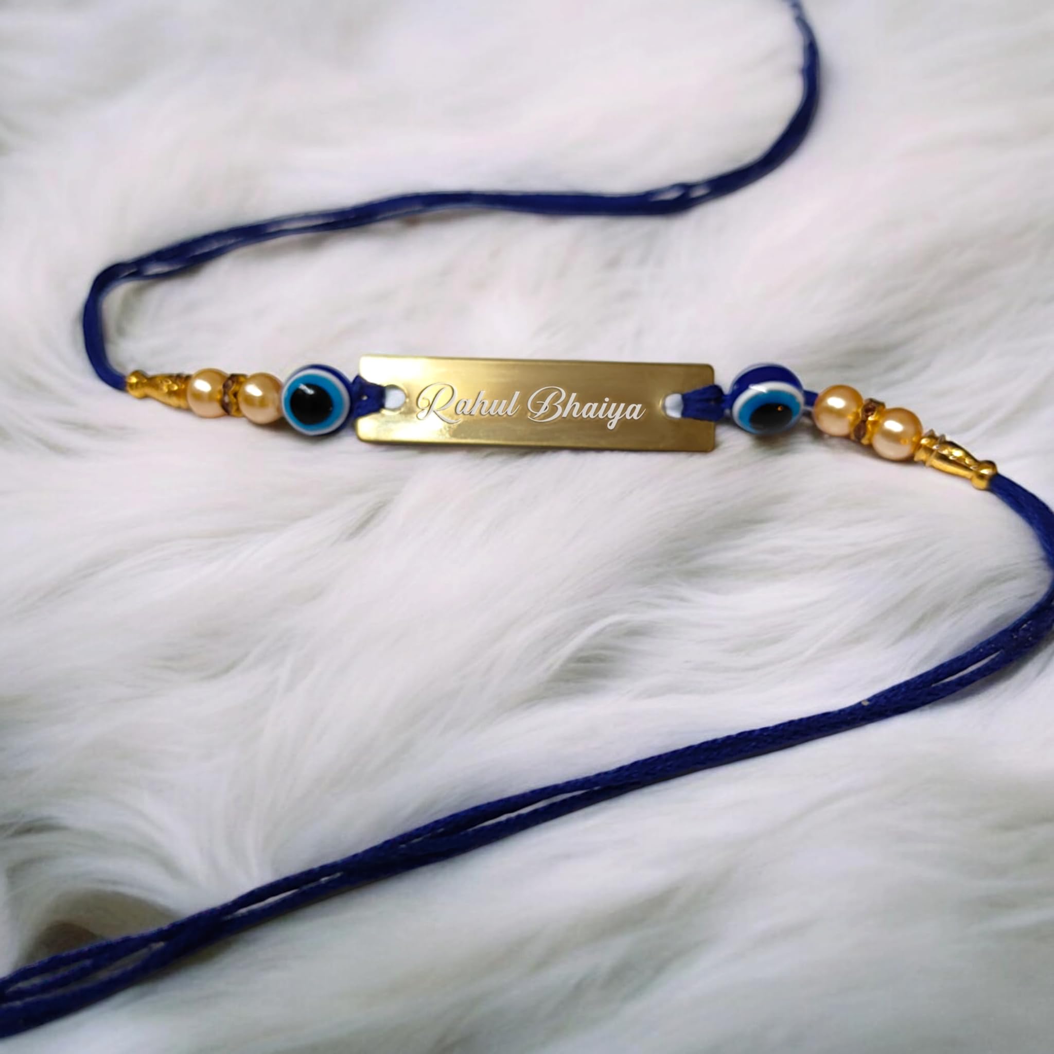 Innovative Gifts Personalized Blue Evil Eye Rakhi with Name & Roli Chawal | Customized Rakhi for Brother | Engraved Name for 