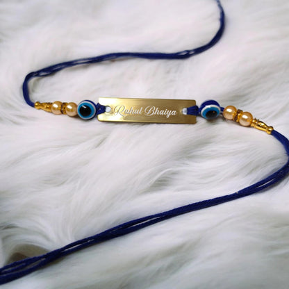 Innovative Gifts Personalized Blue Evil Eye Rakhi with Name & Roli Chawal | Customized Rakhi for Brother | Engraved Name for 