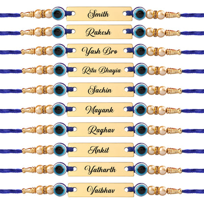 Innovative Gifts Personalized Blue Evil Eye Rakhi with Name & Roli Chawal | Customized Rakhi for Brother | Engraved Name for 