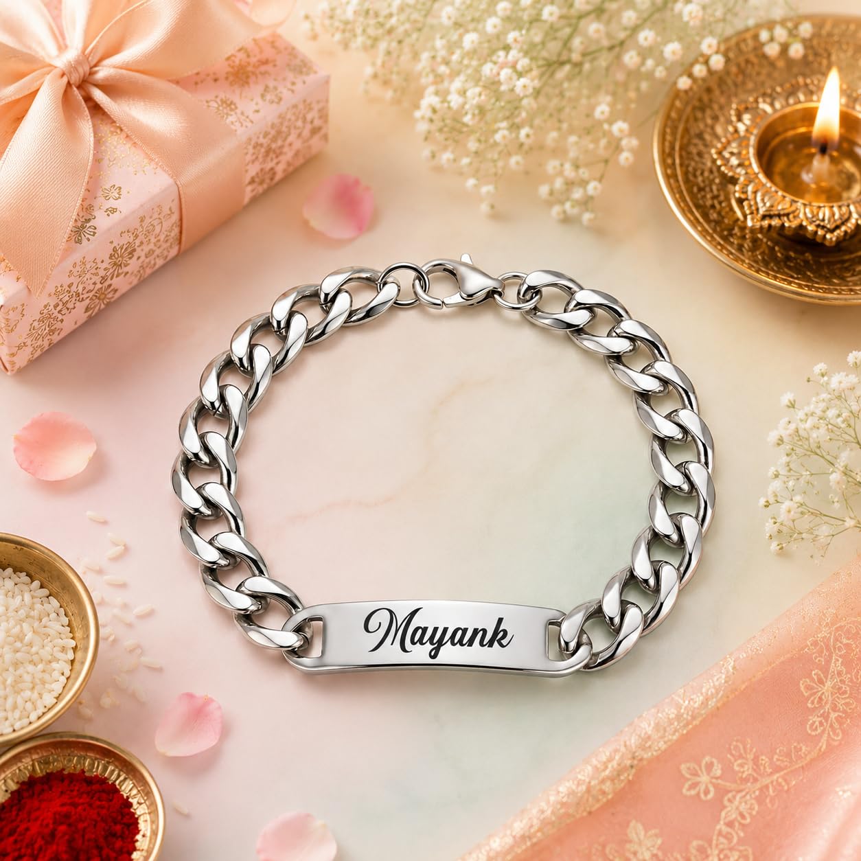 Innovative Gifts Personalized Bracelet Rakhi for Brother, Stainless Steel Custom Name Engraved Rakhi Bracelet, Raksha Bandhan