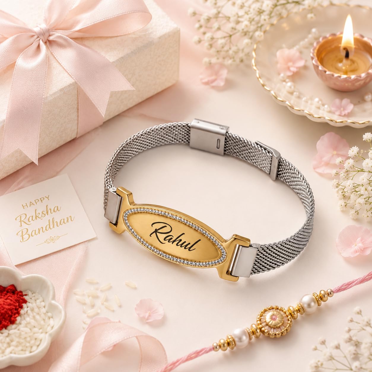 Innovative Gifts Personalized Bracelet Rakhi for Brother, Stainless Steel Custom Name Engraved Rakhi Bracelet, Raksha Bandhan