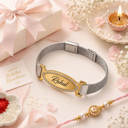 Innovative Gifts Personalized Bracelet Rakhi for Brother, Stainless Steel Custom Name Engraved Rakhi Bracelet, Raksha Bandhan