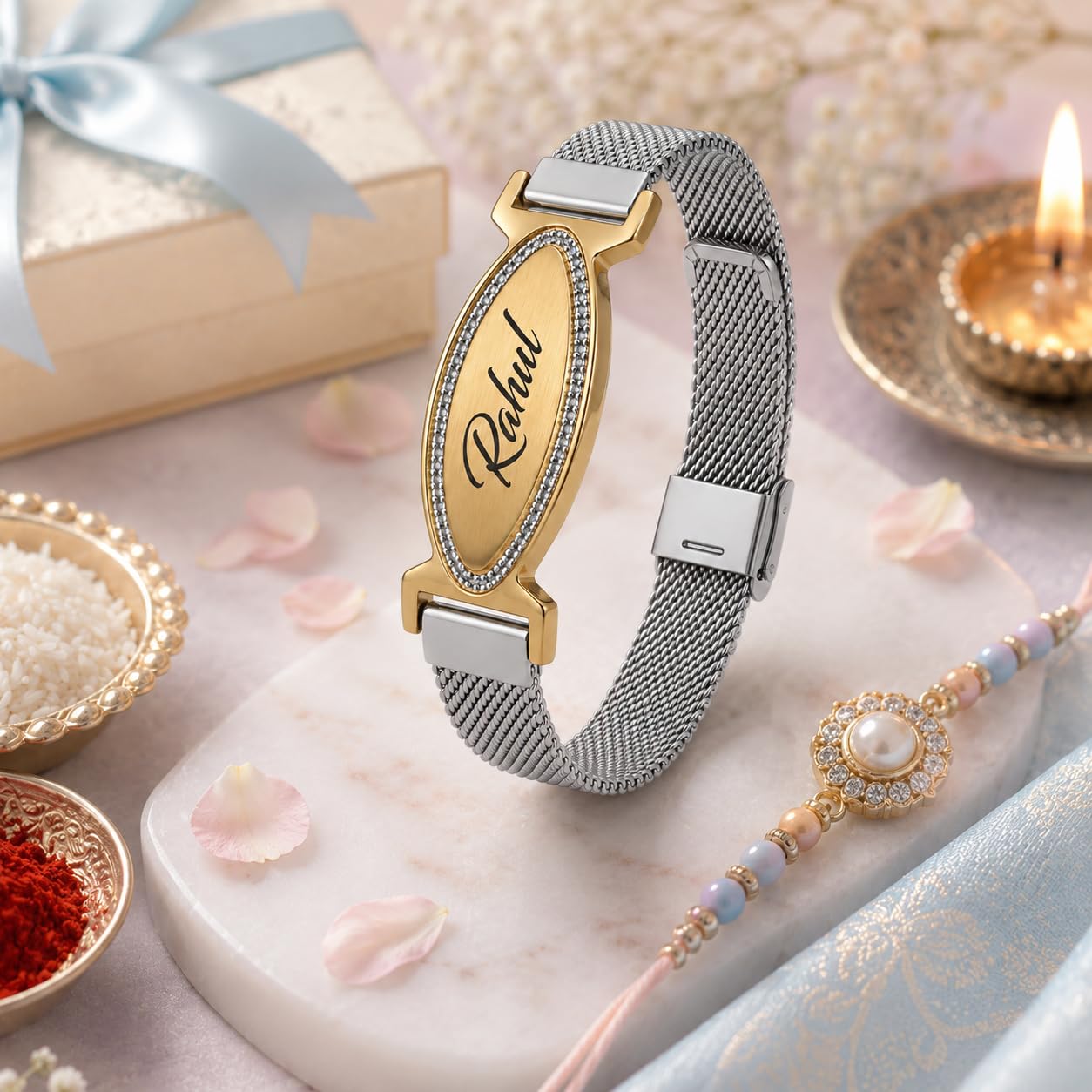 Innovative Gifts Personalized Bracelet Rakhi for Brother, Stainless Steel Custom Name Engraved Rakhi Bracelet, Raksha Bandhan