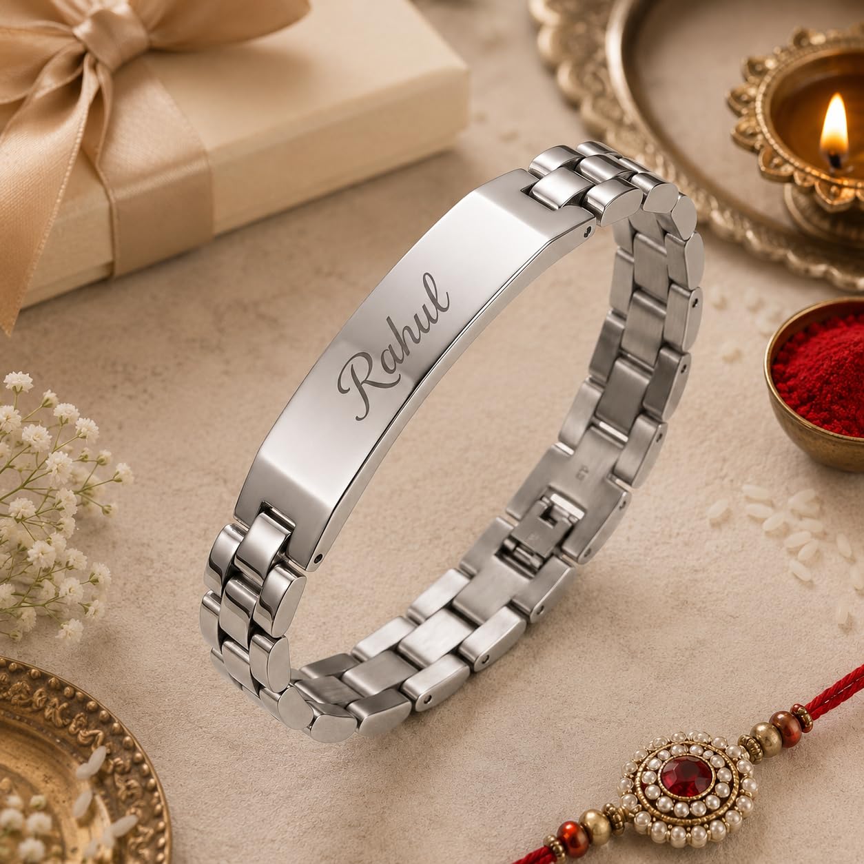 Innovative Gifts Personalized Bracelet Rakhi for Brother, Stainless Steel Custom Name Engraved Rakhi Bracelet, Raksha Bandhan
