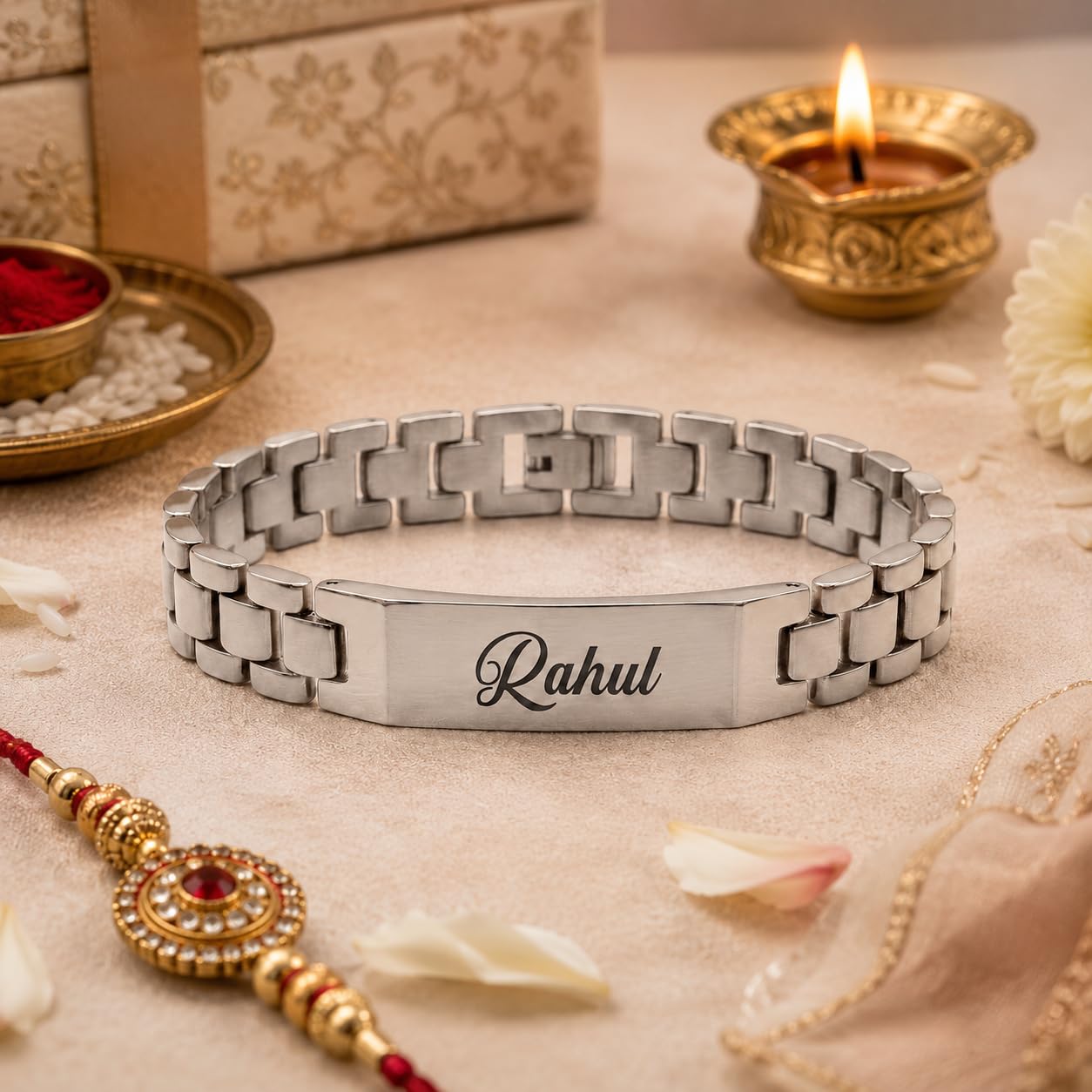 Innovative Gifts Personalized Bracelet Rakhi for Brother, Stainless Steel Custom Name Engraved Rakhi Bracelet, Raksha Bandhan