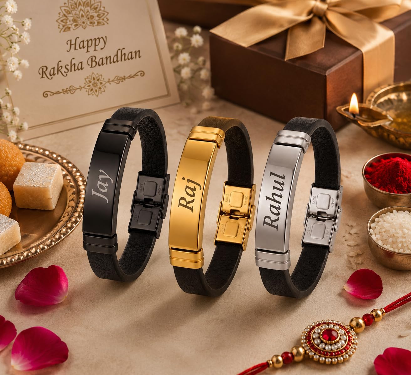 Innovative Gifts Personalized Bracelet Rakhi for Brother, Stainless Steel Custom Name Engraved Rakhi Bracelet, Raksha Bandhan