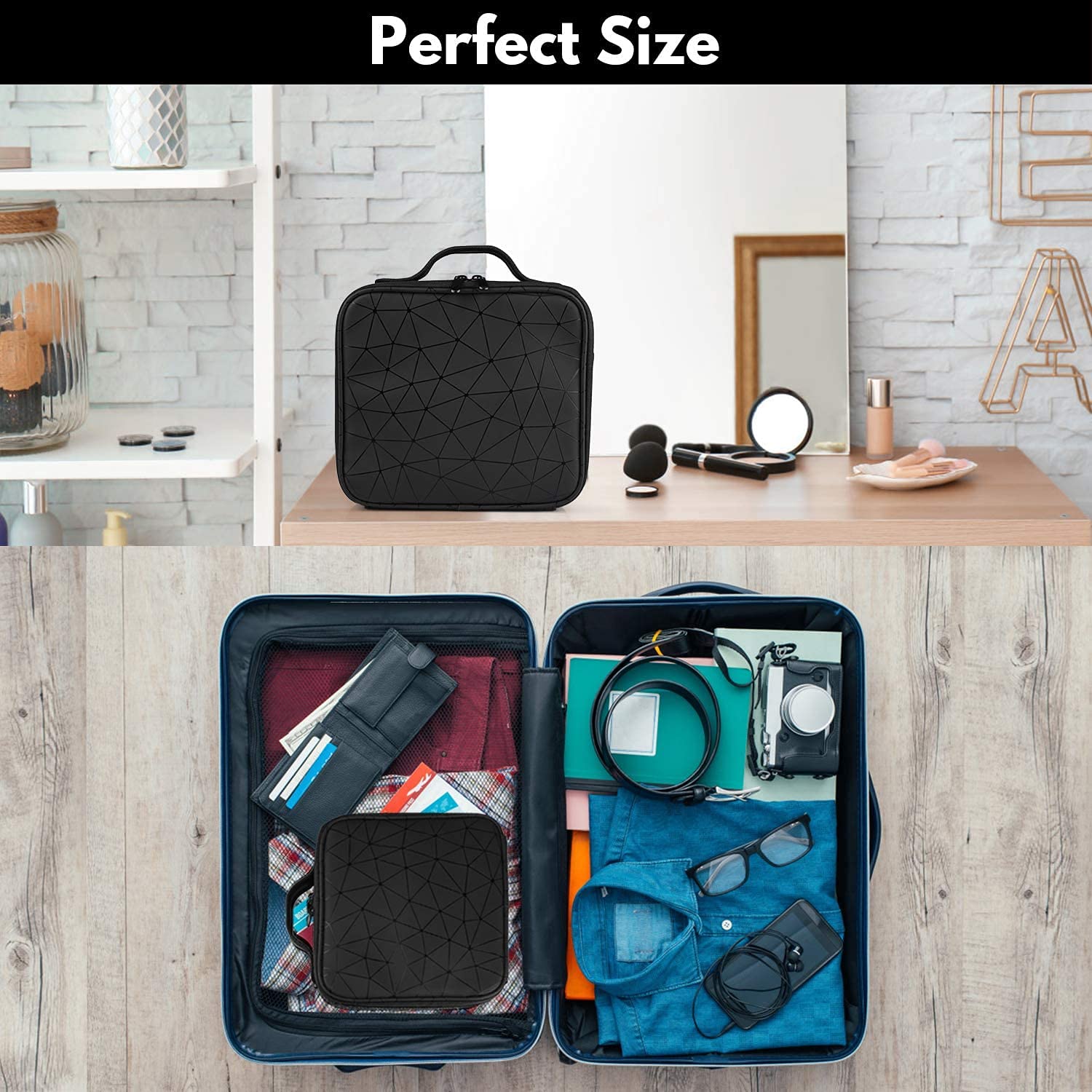 INOVERA Nylon Makeup Organizer Bag, Travel Cosmetic Case with Adjustable Compartments, 26x23x9 cm - close-up detail (14)