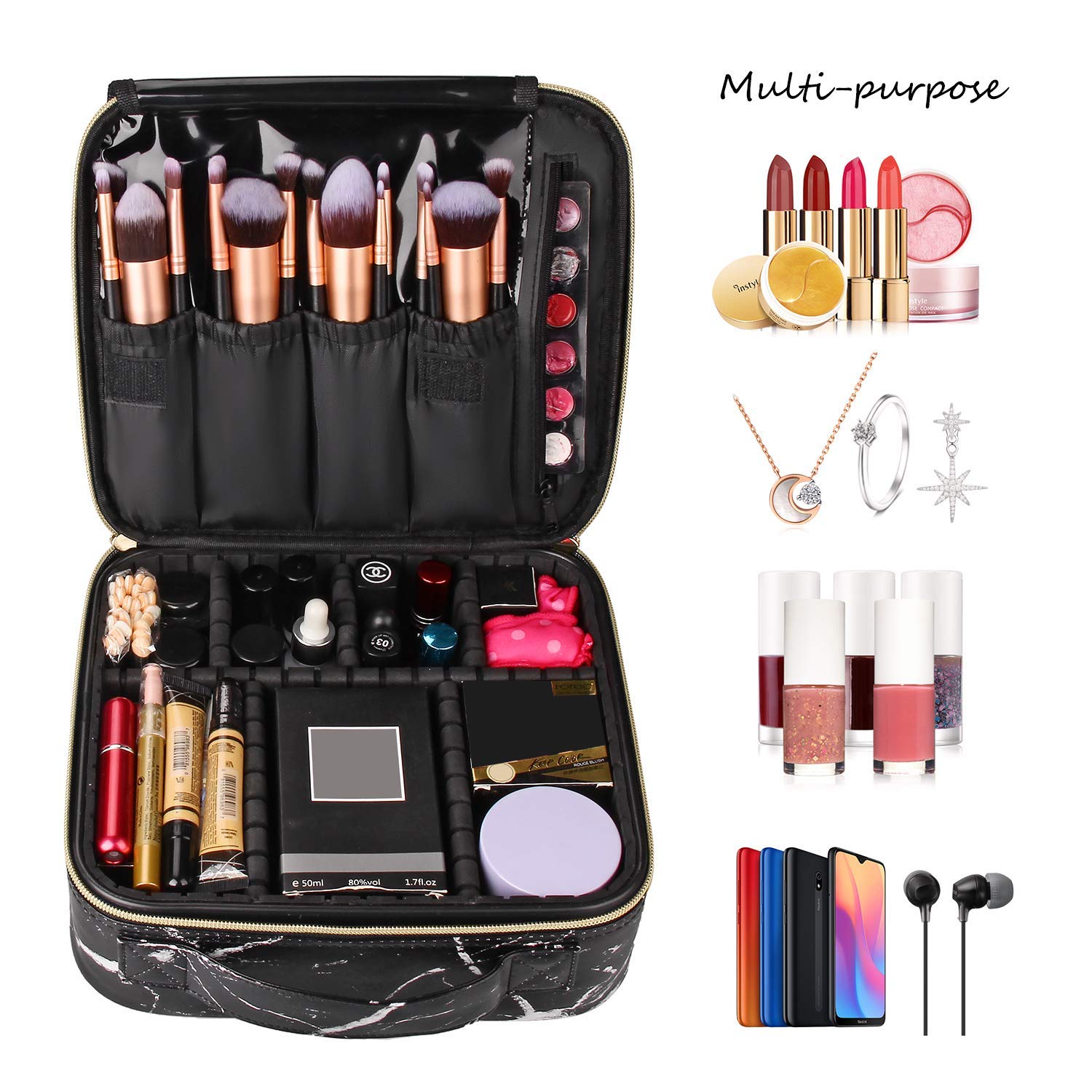 INOVERA Nylon Makeup Organizer Bag, Travel Cosmetic Case with Adjustable Compartments, 26x23x9 cm - back view (17)
