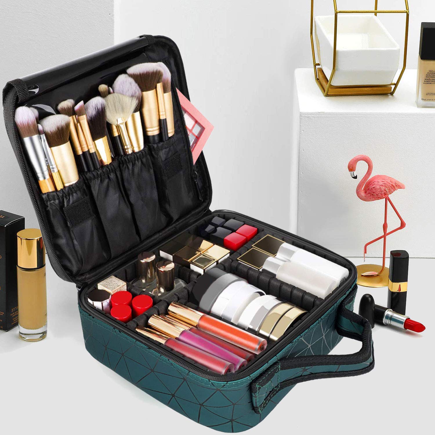 INOVERA Nylon Makeup Organizer Bag, Travel Cosmetic Case with Adjustable Compartments, 26x23x9 cm - back view (30)