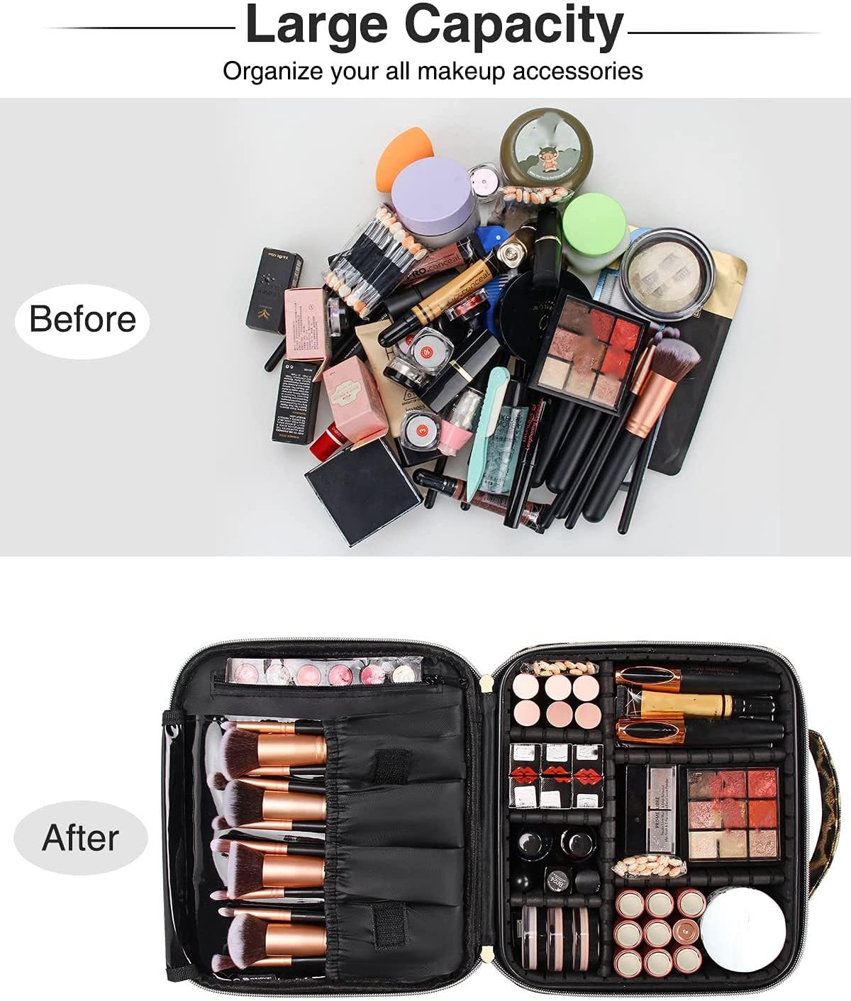 INOVERA Nylon Makeup Organizer Bag, Travel Cosmetic Case with Adjustable Compartments, 26x23x9 cm - back view (36)
