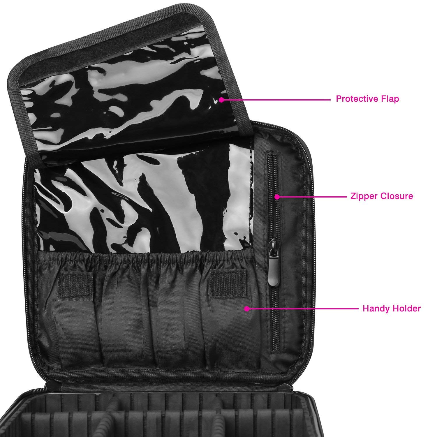 INOVERA Nylon Makeup Organizer Bag, Travel Cosmetic Case with Adjustable Compartments, 26x23x9 cm - ingredients panel (46)