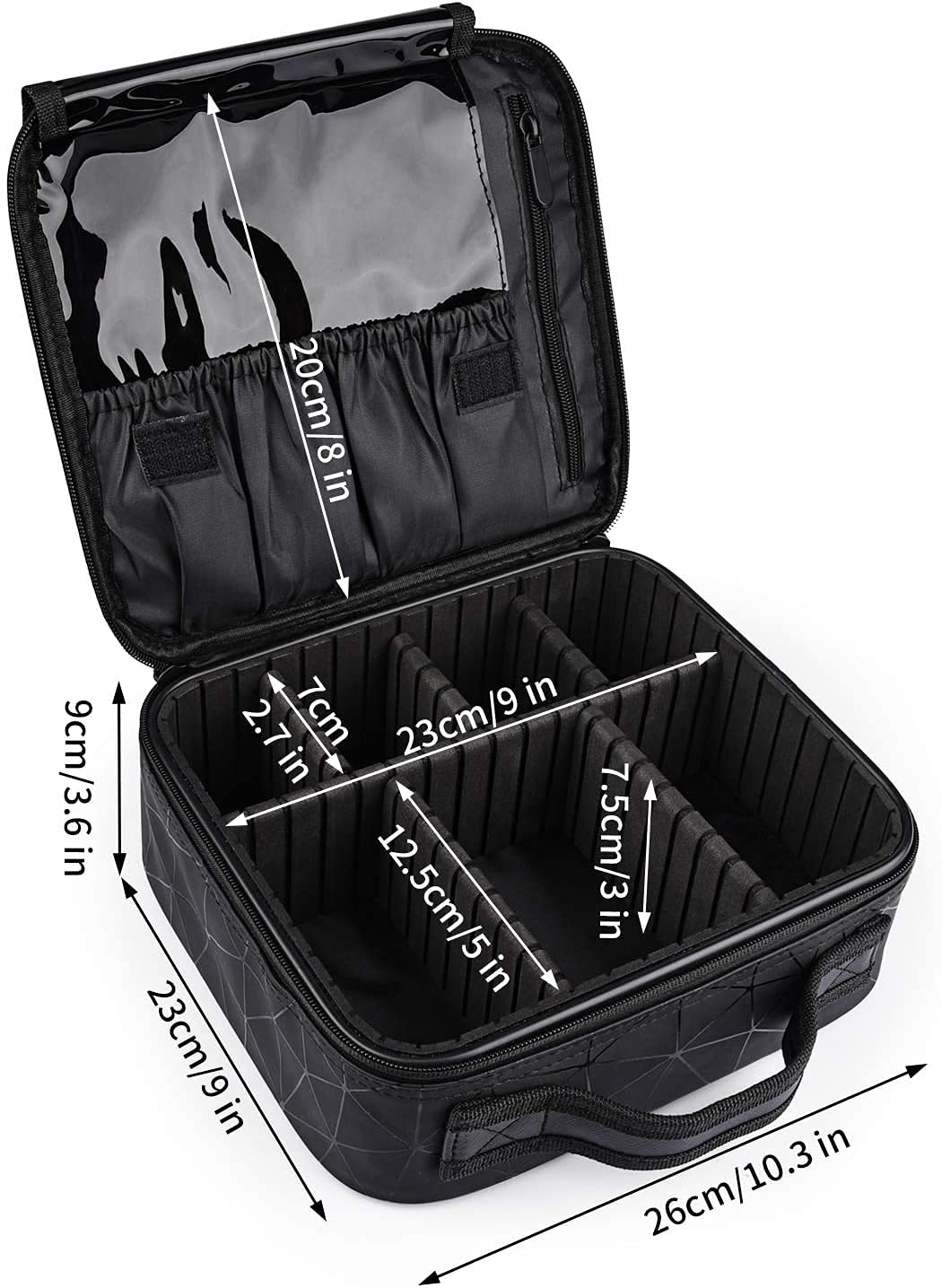 INOVERA Nylon Makeup Organizer Bag, Travel Cosmetic Case with Adjustable Compartments, 26x23x9 cm - front view (9)