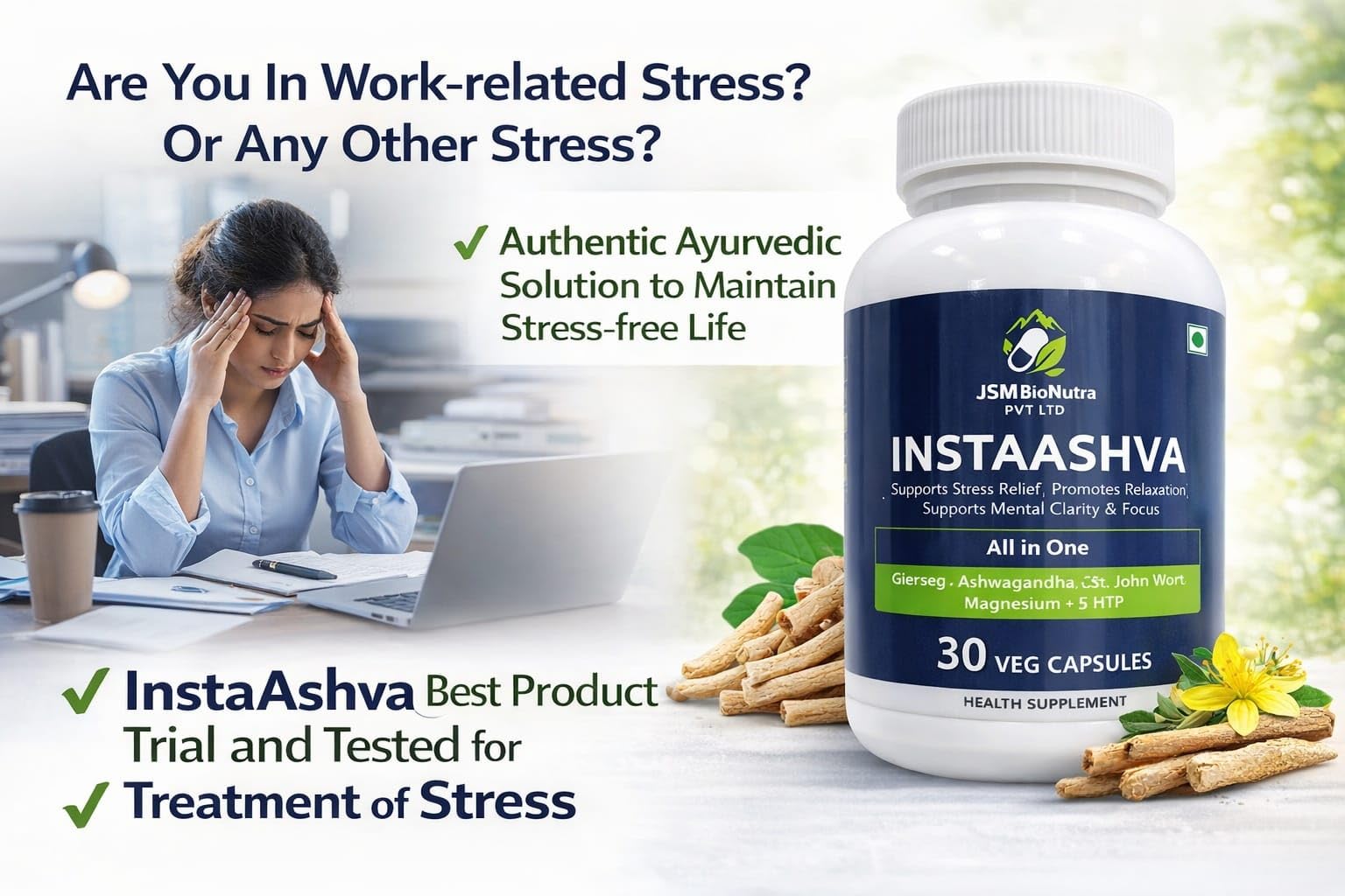 INSTAASHVA Dietary Supplement Capsules, Herbal Blend, 30 Count, Light Blue Bottle - front view