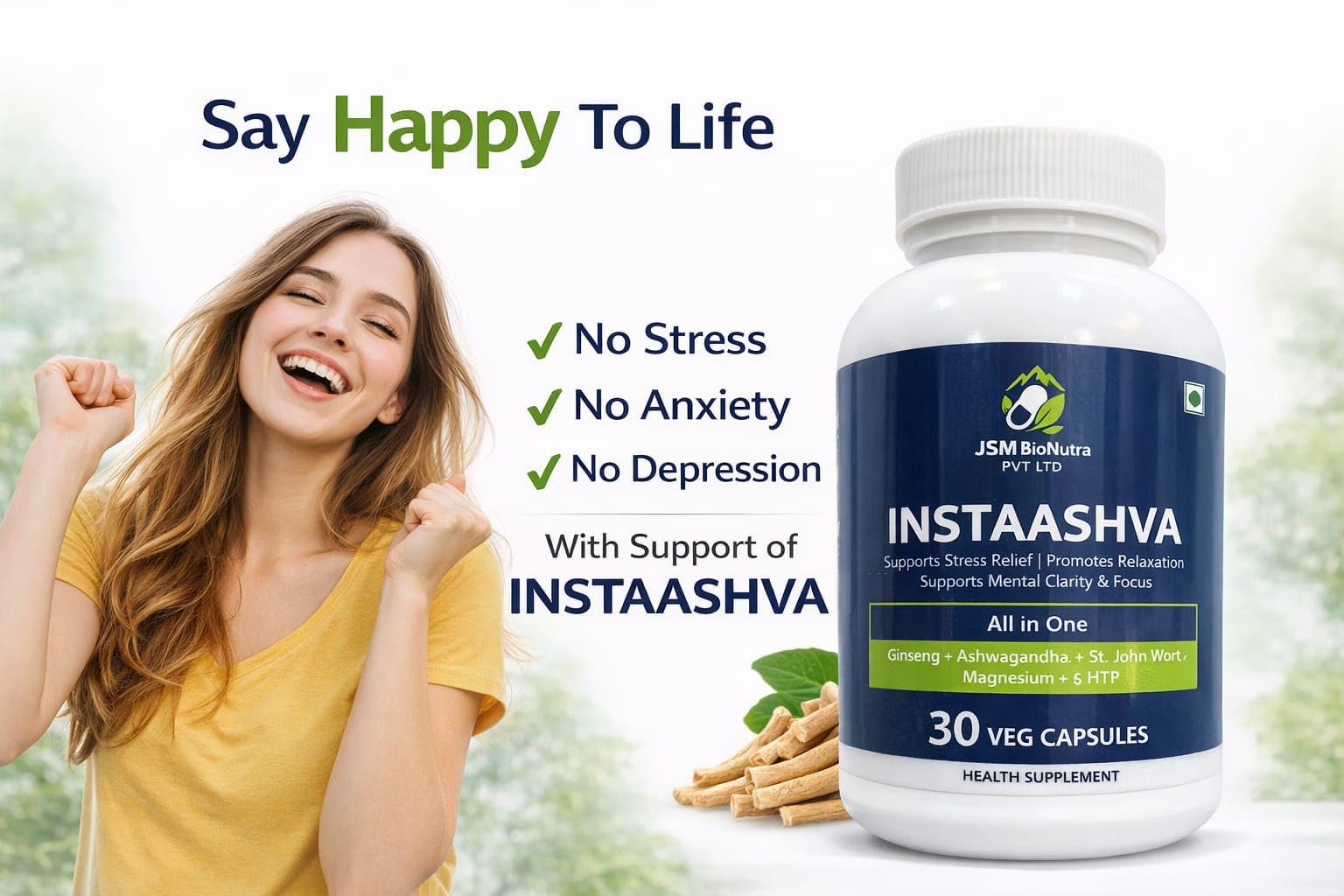 INSTAASHVA Dietary Supplement Capsules, Herbal Blend, 30 Count, Light Blue Bottle - back view