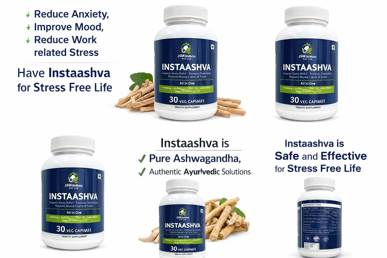 INSTAASHVA Dietary Supplement Capsules, Herbal Blend, 30 Count, Light Blue Bottle - label detail