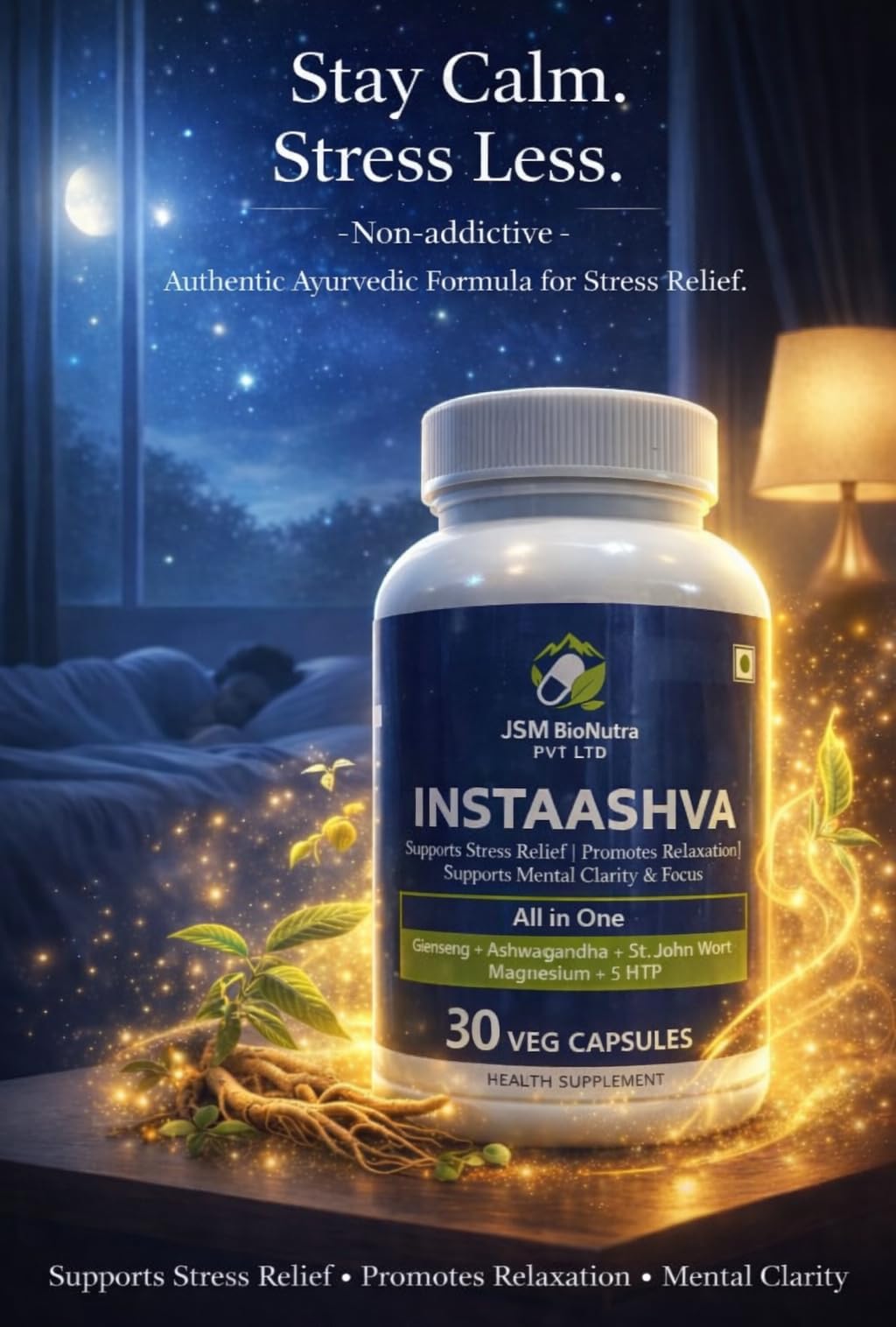 INSTAASHVA Dietary Supplement Capsules, Herbal Blend, 30 Count, Light Blue Bottle - ingredients panel