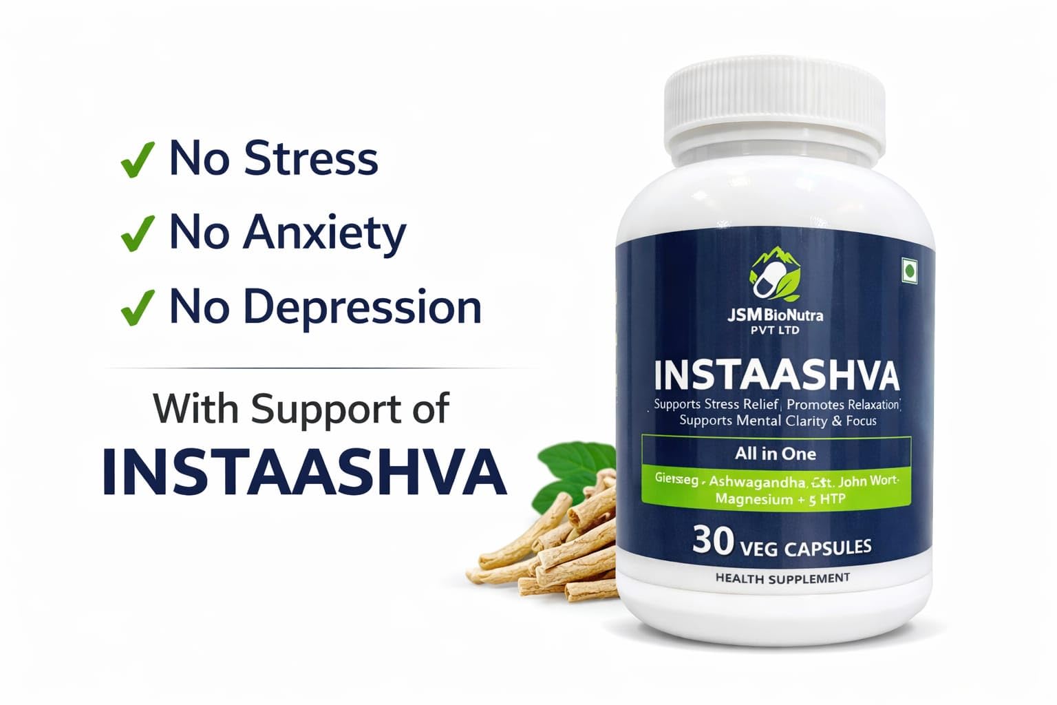 INSTAASHVA Dietary Supplement Capsules, Herbal Blend, 30 Count, Light Blue Bottle - close-up detail