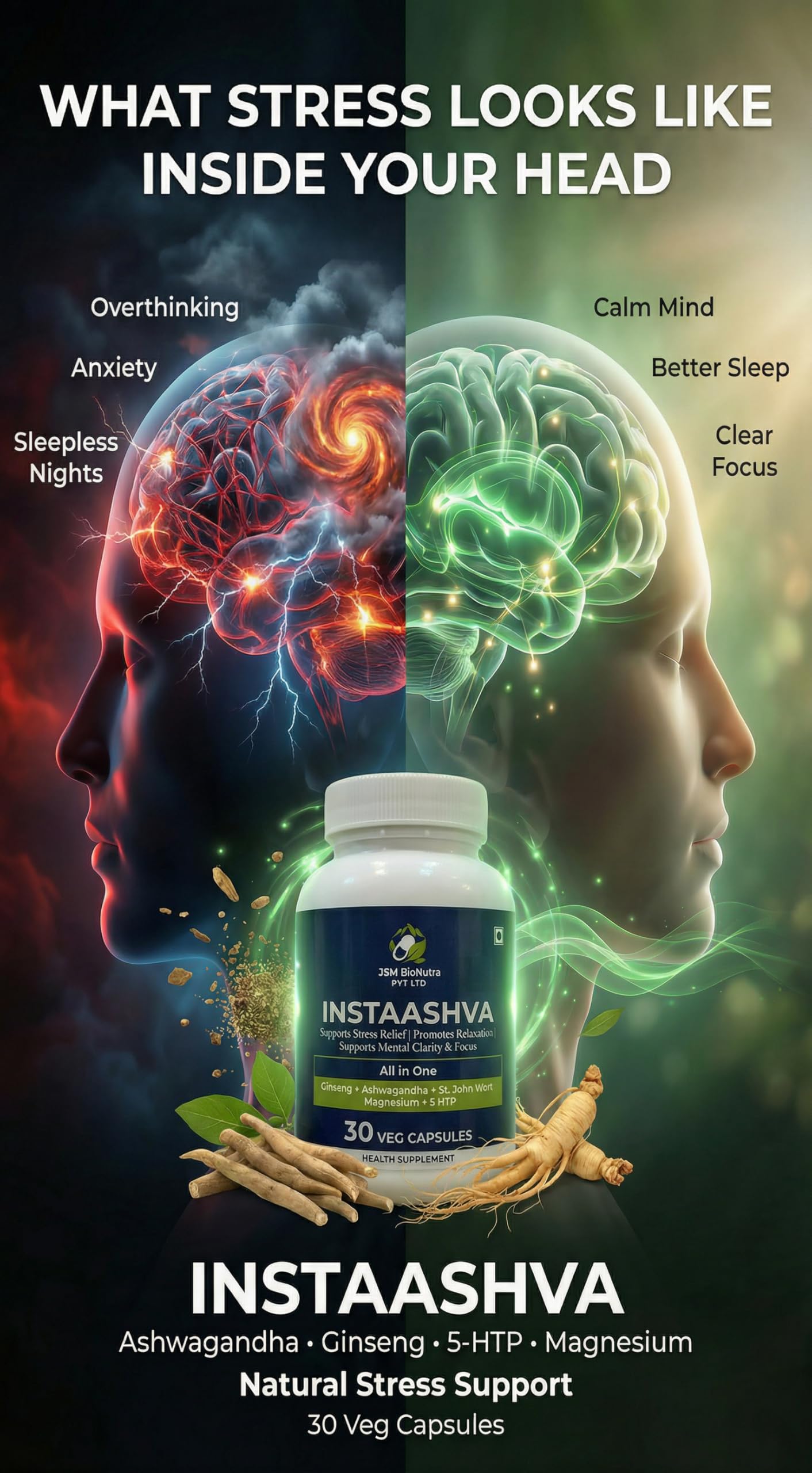 INSTAASHVA Dietary Supplement Capsules, Herbal Blend, 30 Count, Light Blue Bottle - in use
