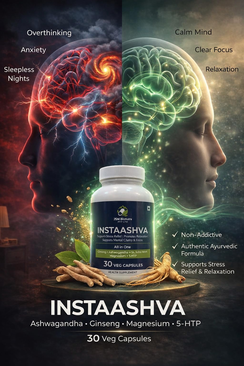 INSTAASHVA Dietary Supplement Capsules, Herbal Blend, 30 Count, Light Blue Bottle - size and scale