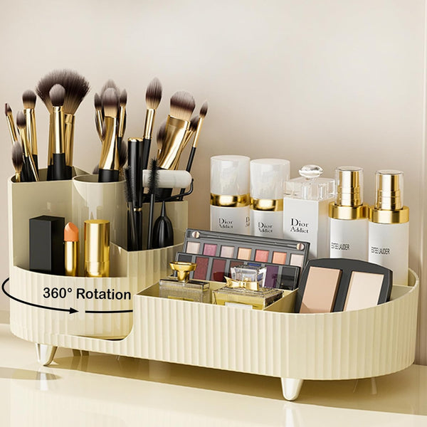 ISHWANKU 360 Rotating Cosmetic Organizer Caddy - Countertop Makeup Display Case for Nail Polish, Brushes, Lipstick, Jewelry